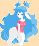  anthro biped blue_hair bottomless bovid caprine clothed clothing digital_media_(artwork) female floppy_ears fluff_(vammzu) fur goat hair hi_res long_ears long_hair looking_at_viewer mammal portrait purple_eyes shirt simple_background solo t-shirt tan_background thick_thighs three-quarter_portrait topwear vammzu white_ears white_fur 