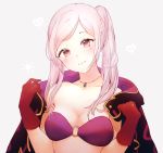  1girl aftergardens alternate_costume asymmetrical_bangs bangs bikini blush breasts brown_gloves cleavage cloak collarbone fire_emblem fire_emblem_heroes gloves grey_background head_tilt heart jewelry leather leather_gloves looking_at_viewer medium_breasts medium_hair necklace o-ring o-ring_bikini purple_bikini purple_eyes robin_(fire_emblem) robin_(fire_emblem)_(female) side_ponytail silver_hair simple_background smile solo sun swimsuit upper_body 