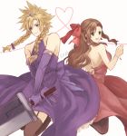  1boy 1girl aerith_gainsborough braid brown_hair buster_sword closed_mouth cloud_strife commentary_request crossdressing earrings final_fantasy final_fantasy_vii green_eyes jewelry long_hair looking_at_viewer pantyhose sasanomesi simple_background smile sword thighhighs tiara twin_braids weapon white_background 
