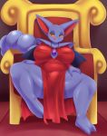  2019 absurd_res anthro blush breasts bulge chair clothed clothing digital_media_(artwork) flare_(purplebird) gliscor gynomorph hi_res intersex jewelry licking licking_lips looking_at_viewer mleonheart necklace nintendo nipple_outline pok&eacute;mon pok&eacute;mon_(species) self_lick sitting solo thick_thighs throne tongue tongue_out video_games yellow_eyes 