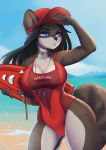  absurd_res anthro beach black_hair blue_eyes clothed clothing digital_media_(artwork) female hair hi_res jewelry mammal one-piece_swimsuit procyonid raccoon seaside sherr sila_dione solo swimwear 