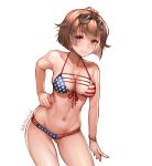  &gt;:) 1girl absurdres american_flag_bikini bangs bikini breasts brown-framed_eyewear brown_hair cleavage closed_mouth collarbone commentary contrapposto danielle_brindle english_commentary eyebrows_visible_through_hair eyewear_on_head fingernails flag_print girls_frontline grizzly_mkv_(girls_frontline) groin hand_on_hip highres medium_breasts navel purple_eyes simple_background smile solo sunglasses swimsuit twitter_username v-shaped_eyebrows white_background 