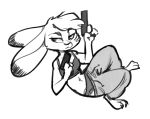  2019 anthro barefoot bra cheek_tuft claws clothed clothing dipstick_ears disney dual_wielding female fuel_(artist) greyscale gun half-closed_eyes handgun holding_object holding_weapon judy_hopps lagomorph leporid mammal midriff monochrome multicolored_ears navel panties pistol rabbit ranged_weapon sagging_pants simple_background solo toe_claws tuft underwear weapon white_background zootopia 