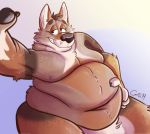  anthro belly belly_grab big_belly brown_fur canid canine canis claws coyote curritoss fur grin hand_on_stomach hi_res love_handles male mammal moobs nude obese obese_male overweight overweight_male selfie sitting smile solo thick_thighs white_fur 