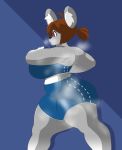  anthro big_breasts biped blue_background bottomwear bra breasts brown_hair clothing crop_top digital_media_(artwork) female fur grey_ears grey_fur hair hi_res huge_breasts koala mammal marsupial ponytail shirt shorts side_view simple_background solo thick_thighs topwear underwear vammzu vombatiform 