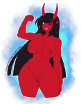  breasts demon female flexing hair horn humanoid kitsunewaffles-chan looking_at_viewer nipples nude pussy smile solo thick_thighs wide_hips 