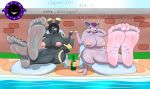  2019 5_fingers 5_toes absurd_res alcohol anthro areola barefoot berk_rider beverage big_breasts big_butt breasts butt canid canine champagne cindy_eevan dialogue eeveelution ellen_eevan english_text espeon feet female fingers foot_focus hair hi_res huge_breasts humanoid_feet mammal nintendo nipples outside pok&eacute;mon pok&eacute;mon_(species) pool_(disambiguation) text toes umbreon video_games 