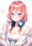  1girl bangs bare_shoulders blue_eyes blush breasts cleavage closed_mouth collarbone commentary_request dress frown gloves go-toubun_no_hanayome hair_between_eyes hand_up headband headphones headphones_around_neck heart hinaki_(hinaki_0102) large_breasts long_hair looking_at_viewer nakano_miku pink_hair solo strapless strapless_dress upper_body wedding_dress white_background white_dress white_gloves 