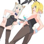  2girls ahoge animal_ears ass atelier_fraulein back bangs bare_shoulders black_leotard blonde_hair blue_eyes blue_neckwear boko_(maniacpurple) bow bowtie braid breasts bunny_ears bunny_girl bunny_tail bunnysuit cat_ears cleavage cocktail cocktail_glass cup detached_collar detached_wings drinking_glass fake_animal_ears fang from_behind hair_intakes hairband hand_on_hip hands_on_hips highres holding holding_tray leotard long_hair looking_at_viewer looking_back medium_breasts multiple_girls open_mouth pantyhose shidou_lio short_hair simple_background skindentation smile standing strapless strapless_leotard sweatdrop tail tetra_(vtuber) thighhighs tray twin_braids virtual_youtuber white_background wings wrist_cuffs 