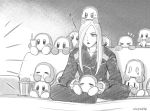  &gt;_&lt; 1girl 6+others bayonetta bayonetta_2 behind_another blush_stickers bucket closed_eyes commentary_request couch crying crying_with_eyes_open cup drinking_straw eating food greyscale handkerchief indian_style jeanne_(bayonetta) kirby_(series) long_hair monochrome multiple_others ouya_(maboroshimori) popcorn sitting sitting_on_head sitting_on_lap sitting_on_person sweatdrop tears track_suit twitter_username waddle_dee watching_television white_hair |_| 