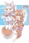  2girls :3 animal_ear_fluff animal_ears blue_eyes blush commentary_request dog_(mixed_breed)_(kemono_friends) dog_ears dog_tail elbow_gloves eyebrows_visible_through_hair fang fangs full_body fur_collar gloves grey_hair harness heterochromia highres jacket japanese_wolf_(kemono_friends) jumping kemono_friends kolshica light_brown_hair long_hair long_sleeves looking_at_another midriff_peek multicolored_hair multiple_girls navel necktie no_shoes open_mouth pantyhose plaid plaid_neckwear plaid_skirt pleated_skirt scarf short_hair short_sleeves skirt tail thighhighs vest white_hair wolf_ears wolf_tail yellow_eyes zettai_ryouiki 