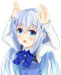  1girl arms_up blue_neckwear collared_shirt eyebrows_visible_through_hair gochuumon_wa_usagi_desu_ka? hair_between_eyes hair_ornament kafuu_chino long_hair long_sleeves matcha_(soratohana128) rabbit_house_uniform shiny shiny_hair shirt silver_hair simple_background solo upper_body white_background white_shirt wing_collar x_hair_ornament 