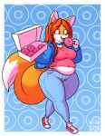  2019 5_fingers anthro belly black_nose bottomwear breasts brown_eyes canid canine choker clothed clothing countershading dipstick_tail doughnut eating eyelashes female fingers food footwear fox fur hair hi_res hmsm holding_object jacket jeans jewelry kim_(|-super-|) legwear long_hair mammal midriff multicolored_fur multicolored_tail navel necklace open_mouth orange_fur orange_hair pants shirt shoes slightly_chubby smile socks solo thick_thighs tongue topwear two_tone_fur walking weight_gain white_fur 