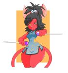  2_tails anthro biped black_hair clothing digital_media_(artwork) domestic_cat dress felid feline felis female fur hair hi_res holding_object mammal multi_tail needles portrait red_ears red_fur red_tail solo thick_thighs three-quarter_portrait vammzu wide_hips yellow_eyes 