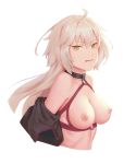  ahoge bangs bigrbear breastless_clothes breasts breasts_outside brown_eyes collarbone cropped_torso eyebrows_visible_through_hair frown highres jeanne_d&#039;arc_(alter_swimsuit_berserker) jeanne_d&#039;arc_(fate)_(all) large_breasts long_hair looking_at_viewer nipples off_shoulder open_clothes parted_lips silver_hair simple_background v-shaped_eyebrows white_background 