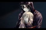  1boy 1girl black_hair black_jacket blonde_hair blue_eyes couple dark_skin hair_between_eyes hand_on_another&#039;s_head hood hood_up hooded_jacket hug isaac_foster jacket kazuya_31 long_hair profile rachel_gardner satsuriku_no_tenshi shiny shiny_hair upper_body yellow_eyes 