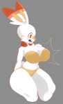  2019 anthro big_breasts big_butt biped blush bra breasts butt clothing digital_media_(artwork) dipstick_ears female fur grey_background hi_res lagomorph mammal multicolored_ears nintendo orange_ears orange_eyes panties pok&eacute;mon pok&eacute;mon_(species) scorbunny simple_background solo thick_thighs underwear vammzu video_games voluptuous white_ears white_fur 