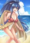  1girl alternate_costume bare_legs beach blue_eyes blue_hair braid breasts cleavage cloud cloudy_sky collarbone covered_navel cowboy_shot day eyebrows_visible_through_hair fire_emblem fire_emblem:_the_sacred_stones fire_emblem_heroes hair_between_eyes hair_ribbon hazuki_(nyorosuke) knees_together_feet_apart long_hair looking_at_viewer medium_breasts ocean one-piece_swimsuit open_mouth outdoors ponytail ribbon sky smile solo swimsuit tana towel twin_braids 