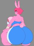  anthro areola big_breasts big_butt biped blue_eyes breasts butt clothing digital_media_(artwork) female fur grey_background hair hi_res huge_breasts huge_butt lagomorph leporid long_ears looking_at_viewer looking_back mammal pink_ears pink_fur pink_hair rabbit short_hair simple_background solo thick_thighs vammzu wide_hips 