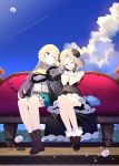  2girls 4others :d ;) aizawa_azusa ankle_boots ascot bangs bare_shoulders benio_(dontsugel) black_dress black_gloves blonde_hair blue_eyes blush boots braid closed_eyes cloud cloudy_sky couch dress eyebrows_visible_through_hair gloves hair_between_eyes hands_on_own_cheeks hands_on_own_face happy highres horns juliet_sleeves long_hair long_sleeves multiple_girls multiple_others one_eye_closed open_mouth outdoors parted_bangs petticoat puffy_sleeves shoes short_hair sitting skirt sky slime slime_taoshite_300_nen_shiranai_uchi_ni_level_max_ni_nattemashita smile waist_cape 