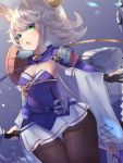  1girl animal_ears armor armpits azur_lane bangs black_legwear breasts curly_hair detached_sleeves flat_chest green_eyes grey_hair highres holding holding_sword holding_weapon japanese_armor katana kitakaze_(azur_lane) long_sleeves looking_at_viewer miniskirt mole mole_on_breast ontama_(z1p579) open_mouth pantyhose pleated_skirt sheath sheathed shirt short_hair shoulder_armor skirt sode solo standing sword weapon white_shirt wide_sleeves 