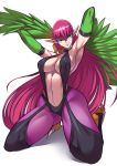  1girl absurdres armpits arms_up bangs breasts cleavage covered_nipples duel_monster elbow_gloves feathered_wings full_body gloves green_eyes green_gloves harpie_lady harpy head_tilt highres kneeling large_breasts long_hair monster_girl pantyhose pink_hair pointy_ears purple_legwear ryuusei_(mark_ii) sideboob solo swimsuit_over_clothes talons thick_thighs thighs tsurime very_long_hair wings yuu-gi-ou yuu-gi-ou_duel_monsters 
