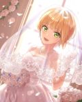  1girl :3 bangs blonde_hair blunt_bangs bouquet breasts bridal_veil bride cleavage collarbone dress earrings eyebrows_visible_through_hair flower gloves green_eyes half_gloves highres idolmaster idolmaster_cinderella_girls idolmaster_cinderella_girls_starlight_stage indoors jewelry lace lace_gloves looking_at_viewer medium_breasts miyamoto_frederica necklace open_mouth orangecandy_rosa petals see-through short_hair sleeveless sleeveless_dress tiara upper_body veil wedding_dress white_dress window 