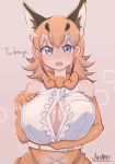  2019 animal_humanoid armwear big_breasts blue_eyes blush bodily_fluids bow_tie breasts brown_fur caracal_(kemono_friends) caracal_humanoid clothed clothing elbow_gloves english_text felid felid_humanoid feline feline_humanoid female fur gloves hair half-length_portrait hand_on_breast handwear hi_res humanoid kemono_friends looking_at_viewer mammal mammal_humanoid mofumofumachine open_mouth orange_hair portrait simple_background solo sweat text 