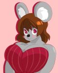  anthro big_breasts black_nose blush breasts brown_hair bust_portrait clothing digital_media_(artwork) eyelashes female fur grey_ears grey_fur hair hi_res koala looking_at_viewer mammal marsupial pink_background pink_eyes portrait simple_background solo vammzu vombatiform 