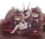  3girls :&lt; :o all_fours animal_ears australian_devil_(kemono_friends) backlighting bare_shoulders black_cape black_eyes black_hair black_legwear black_skirt blackbuck_(kemono_friends) blush breasts brown_gloves brown_hair cape closed_mouth commentary_request couch detached_sleeves extra_ears eyebrows_visible_through_hair eyepatch fang gloves hair_over_one_eye highres horns kemono_friends kolshica long_hair looking_at_viewer medical_eyepatch multicolored_hair multiple_girls open_mouth pantyhose pleated_skirt red_eyes short_hair simple_background sitting skin_fang skirt small_breasts tail tasmanian_devil_(kemono_friends) tasmanian_devil_ears tasmanian_devil_tail thighhighs two-tone_hair v-shaped_eyebrows white_background white_hair white_legwear 