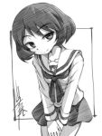  1girl artist_name blouse closed_mouth commentary cowboy_shot eyebrows_visible_through_hair girls_und_panzer gofu graphite_(medium) greyscale hands_on_thighs hands_together head_tilt leaning_forward long_sleeves looking_at_viewer miniskirt monochrome neckerchief ooarai_school_uniform pleated_skirt school_uniform serafuku short_hair signature skirt smile solo standing traditional_media utsugi_yuuki v_arms 