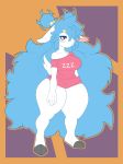  abstract_background absurd_res anthro biped blue_hair bovid breasts caprine clothing female fluff_(vammzu) fluffy full-length_portrait fur goat hair hi_res hooves long_ears long_hair mammal portrait purple_eyes shirt short_tail solo t-shirt thick_thighs topwear vammzu white_ears white_fur white_tail 