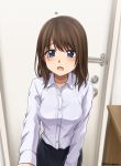  1girl :o bangs black_skirt blue_eyes blush breasts brown_hair collarbone door doorknob dress_shirt eyebrows_visible_through_hair highres indoors lock long_sleeves medium_breasts medium_hair office_lady open_mouth original pencil_skirt setu_kurokawa shirt signature skirt white_shirt 