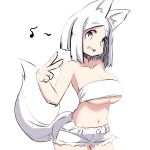  1girl :d animal_ear_fluff animal_ears bandeau breasts cleavage cowboy_shot eighth_note fox_ears fox_girl fox_tail hand_up large_breasts musical_note navel open_mouth original sharp_teeth short_hair short_shorts shorts simple_background smile solo tail tail_raised teeth u-non_(annon&#039;an) v white_background white_bandeau white_eyes white_hair white_shorts 