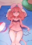  1girl animal_ears ass_visible_through_thighs ball beach beach_towel beachball bikini bikini_pull blue_eyes blush commentary_request flat_chest furry groin hand_on_own_stomach highres innertube lying mouse_ears mouse_girl_(yuuki_(yuyuki000)) mouse_tail naughty_face navel on_back open_mouth original pillow pink_hair pulled_by_self purple_bikini short_hair side-tie_bikini smile solo swimsuit tail thigh_gap thighs towel untied untying yuuki_(yuyuki000) 