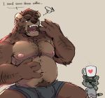  &lt;3 2019 anthro belly bottomwear brown_bear brown_fur bulge clothing duo eyes_closed fur grizzly_bear hi_res humanoid_hands male mammal moobs navel nipples overweight overweight_male procyonid raccoon shirt shorts simple_background sitting stuffedeggs tired topwear underwear ursid ursine 