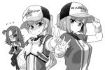  3girls absurdres bangs blunt_bangs character_request chest_protector commentary_request dodgeball greyscale hat high_ponytail highres long_hair mochizuki_momiji monochrome multiple_girls new_game! official_art one_side_up short_hair short_sleeves suzukaze_aoba tokunou_shoutarou v white_background wristband 