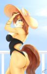  anthro breasts butt clothing equid equine female hat headgear headwear hi_res horse looking_at_viewer mammal nastynatalie outside smile solo standing swimwear 
