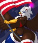 2019 4th_of_july accipitrid accipitriform anthro avian bald_eagle beak bird breasts clothing digital_media_(artwork) eagle female flag hi_res legwear looking_at_viewer nipple_outline non-mammal_breasts open_beak open_mouth sea_eagle signature solo spread_wings suirano tongue wings 