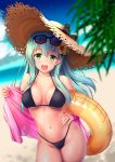  1girl :d aqua_hair awa_yume beach bikini bikini_day black_bikini blue_sky blurry blurry_background blurry_foreground blush breasts cleavage cloud contrapposto day depth_of_field eyewear_on_head flower green_eyes groin hair_flower hair_ornament hairclip hand_on_hip hat highleg highleg_bikini highleg_swimsuit highres innertube jacket jewelry kantai_collection long_hair looking_at_viewer navel off_shoulder open_mouth outdoors palm_tree pink_jacket ring shiny shiny_skin skindentation sky smile solo stomach straw_hat sunglasses suzuya_(kantai_collection) swimsuit thighs tree wedding_band 