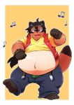  2019 anthro belly blush bottomwear brown_fur canid canine clothed clothing cute_fangs fur humanoid_hands male mammal navel nazotyu open_shirt overweight overweight_male pants raccoon_dog shirt solo tanuki topwear underwear 