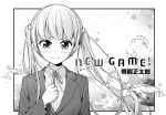  1girl bangs blazer blunt_bangs clenched_hand commentary_request feathers flower greyscale hair_flower hair_ornament highres jacket long_hair looking_at_viewer monochrome neck_ribbon new_game! official_art ribbon solo suzukaze_aoba tokunou_shoutarou twintails upper_body 