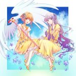  2girls bangs blonde_hair braid brown_eyes cardcaptor_sakura choker daidouji_tomoyo dress full_body hair_ornament highres holding holding_staff invisible_chair jewelry kinomoto_sakura long_dress long_hair long_sleeves looking_at_viewer multiple_girls necklace purple_eyes purple_hair shiny shiny_hair short_hair_with_long_locks sitting sleeveless sleeveless_dress staff star star_hair_ornament very_long_hair white_legwear yellow_dress yukino030yu_ri 