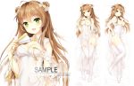  1girl :d :q ahoge artist_name bangs bare_shoulders bed_sheet blush bow breasts breasts_outside brown_bow brown_hair commentary_request dakimakura double_bun dress eyebrows_visible_through_hair fan finger_to_mouth flower folding_fan garter_straps girls_frontline green_eyes hair_between_eyes hair_bow hair_flower hair_ornament holding holding_fan long_hair lying medium_breasts multiple_views nipples no_shoes on_back on_side open_mouth pelvic_curtain rfb_(girls_frontline) sample sleeveless sleeveless_dress smile thighhighs tongue tongue_out verjuice very_long_hair white_dress white_flower white_legwear 