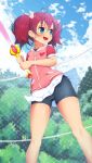  1girl absurdres ass_visible_through_thighs bike_shorts black_shorts brown_hair cameltoe chain-link_fence cloud energy_sword ether_core fence green_eyes highres jacket legs long_hair miniskirt open_mouth outdoors pink_jacket ribbon saru_getchu sayaka_(saru_getchu) shorts shorts_under_skirt skirt sky smile solo sword thighs twintails weapon white_skirt wind wind_lift 