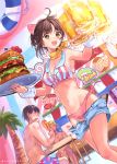  1girl 2boys :d ahoge alcohol armpits bare_arms bare_shoulders beer bikini bikini_day black_hair blonde_hair bow breasts brown_eyes brown_hair cleavage corndog cup denim denim_shorts drinking_glass faceless faceless_male food hair_bow hamburger handkerchief hanekoto highres holding holding_tray large_breasts looking_at_viewer multiple_boys navel open_fly open_mouth original pink_bikini pink_bow short_hair short_shorts shorts side-tie_bikini smile solo_focus standing stomach striped striped_bikini sweat swimsuit thighs tray untied untied_bikini waitress wing_collar wrist_cuffs 