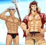  2boys abs archer arm_hair beard blue_eyes brown_hair bunkichi_(bun005) chest commentary_request dark_skin dark_skinned_male facial_hair fate/grand_order fate_(series) hand_on_eyewear hand_on_hip harpoon hat looking_at_viewer male_focus male_swimwear multiple_boys muscle napoleon_bonaparte_(fate/grand_order) nipples ocean pectorals scar simple_background smile straw_hat swim_briefs swimsuit swimwear teeth white_hair 