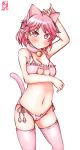  1girl alternate_costume animal_ears artist_logo bell bell_choker bra breasts cameltoe cat_cutout cat_ear_panties cat_ears cat_lingerie cat_tail choker cleavage_cutout commentary_request dated frilled_bra frills giuseppe_garibaldi_(kantai_collection) highres jingle_bell kanon_(kurogane_knights) kantai_collection medium_breasts meme_attire panties pink_eyes pink_hair short_hair side-tie_panties simple_background solo tail thighhighs underwear underwear_only white_background white_bra white_panties 