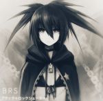  asymmetrical_hair black_bikini_top black_coat black_hair black_ribbon black_rock_shooter black_rock_shooter_(character) character_name choker closed_mouth copyright_name front-tie_bikini front-tie_top grey_background grey_eyes hair_between_eyes highres long_hair looking_at_viewer ly_(pixiv13839236) ribbon scar spiked_hair twintails upper_body zipper 