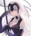  1girl absurdres bangs blue_gloves breasts choker cleavage closed_mouth collarbone elbow_gloves eyebrows_visible_through_hair fate/grand_order fate_(series) floating_hair fur-trimmed_gloves fur_trim gloves headpiece highres jeanne_d&#039;arc_(alter)_(fate) jeanne_d&#039;arc_(fate)_(all) long_hair looking_at_viewer lq_saku medium_breasts silver_hair solo upper_body very_long_hair white_background yellow_eyes 